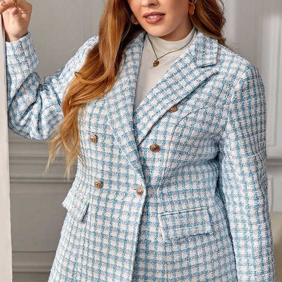 Multicolor PReppy Womens Plaid Tweed Double Breasted Blazer - Picture 5 of 5